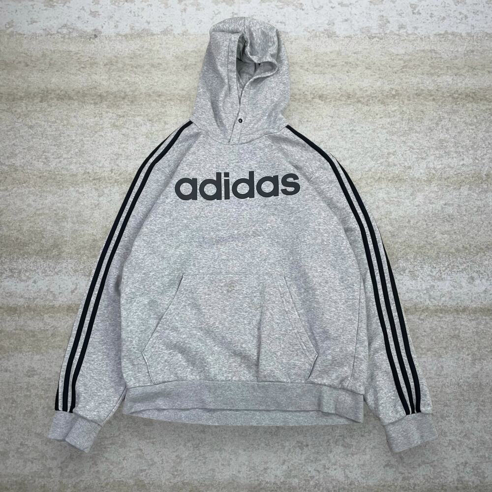 Vintage Y2K Adidas Hoodie Mens L Light Grey Cotton Black 3 Stripes Spellout Logo